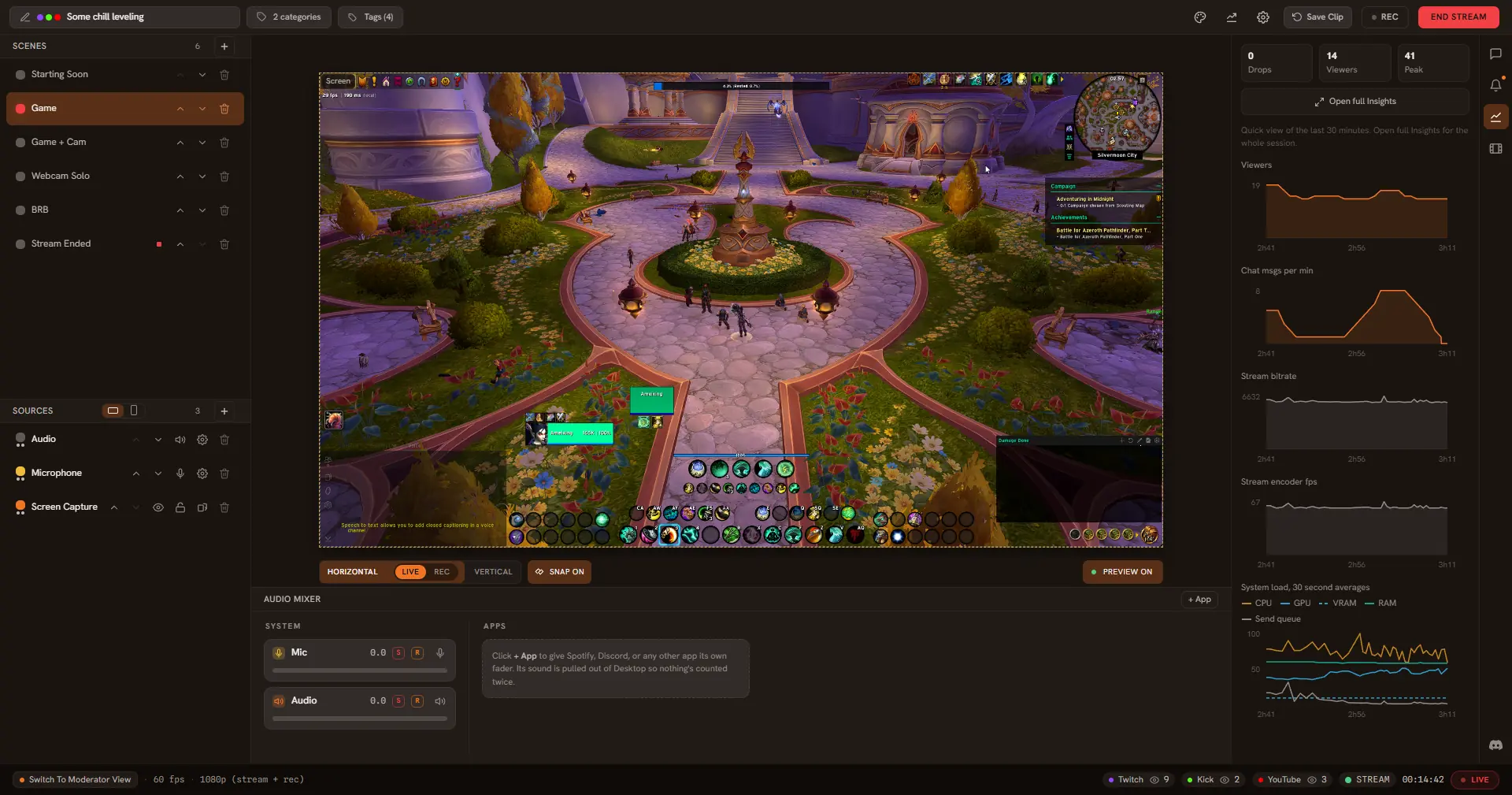 The same window with the live insights panel open on the right: viewers, chat volume, stream bitrate, encoder framerate, and system load all charted for the session in progress