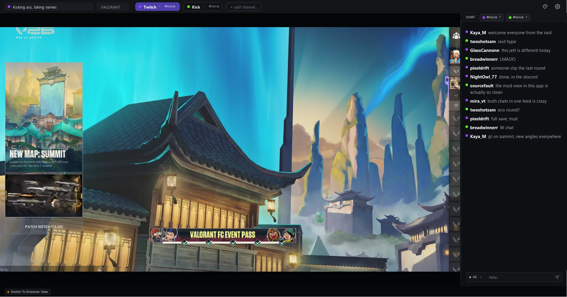 The Acrux moderator view: the live stream fills the window with Twitch and Kick chat gathered in one feed on the right