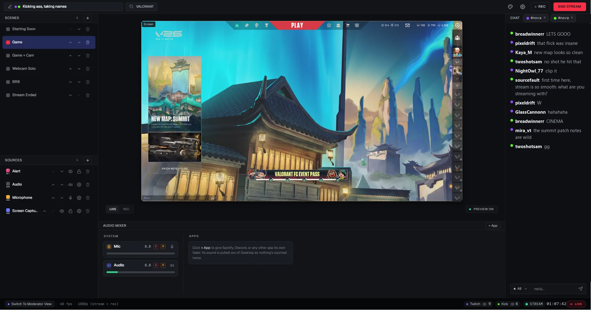 The Acrux Studio window while live: scene list and sources on the left, a Valorant preview in the center, the audio mixer below, and Twitch and Kick chat in one panel on the right